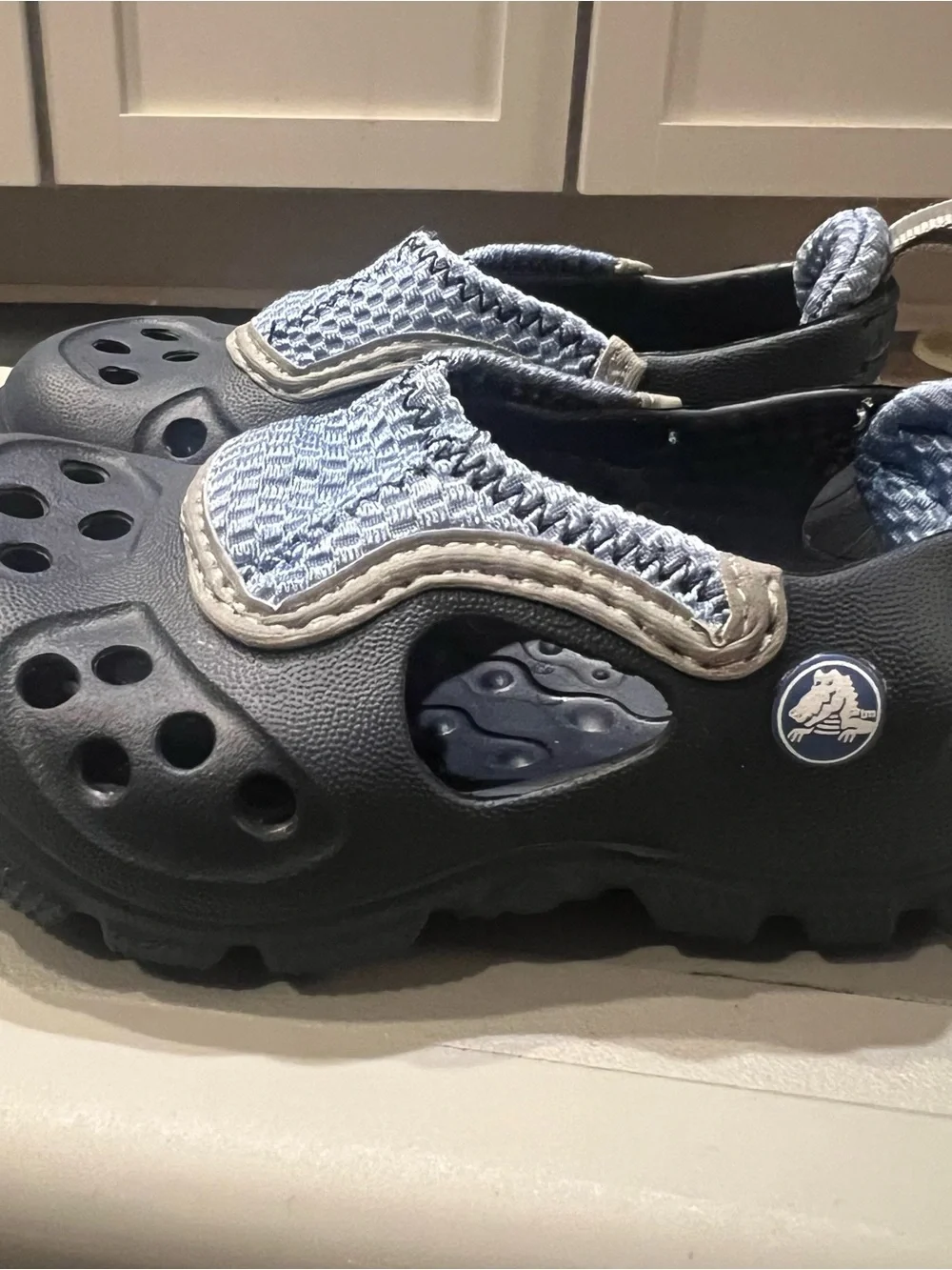CROCS Kids Navy Water Shoe with Light Blue Knit Strap